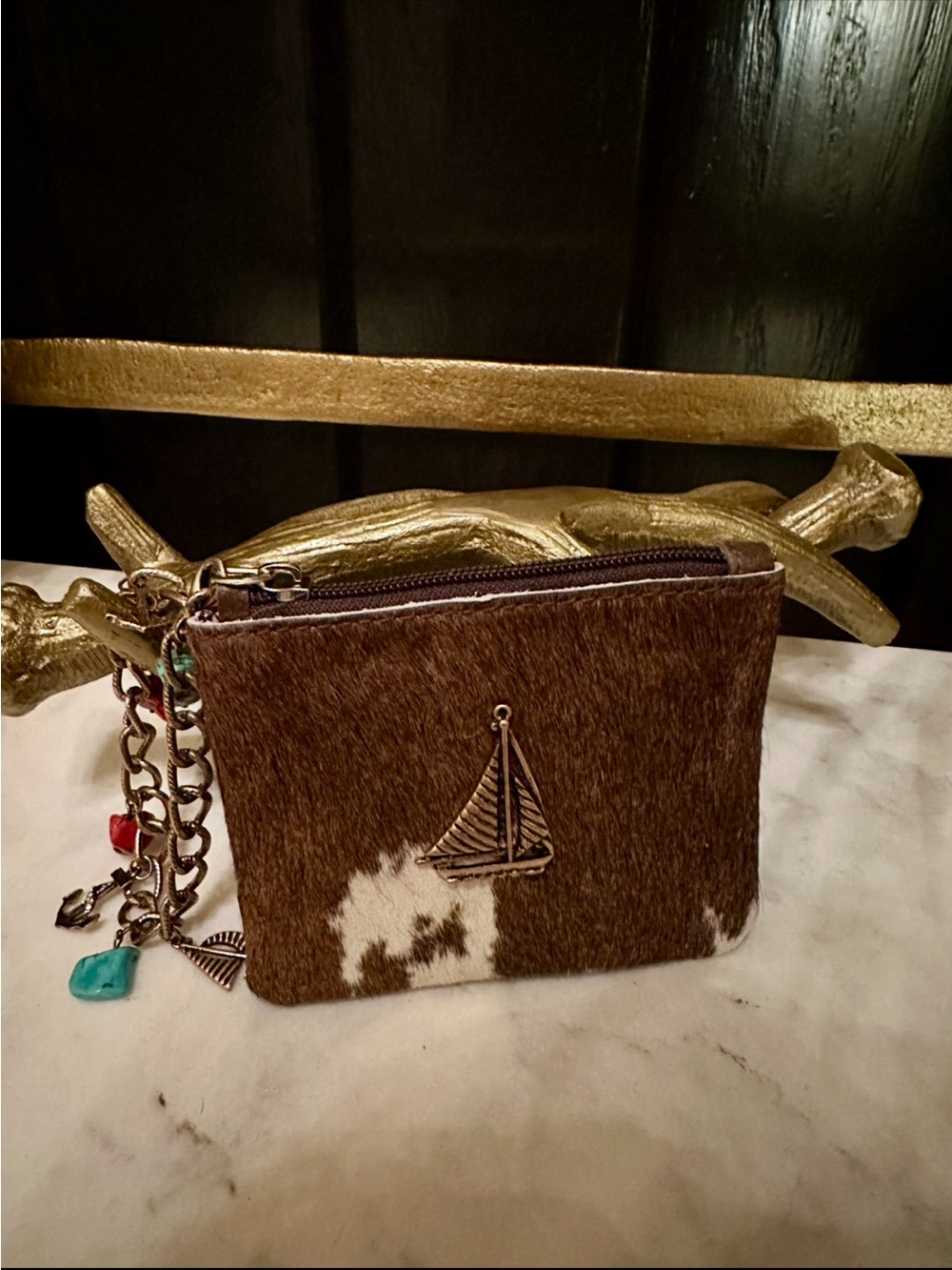 NewGenuine COWHIDE Hair-on-Hide Western Nautical Wristlet Purse Wallet Sailboat